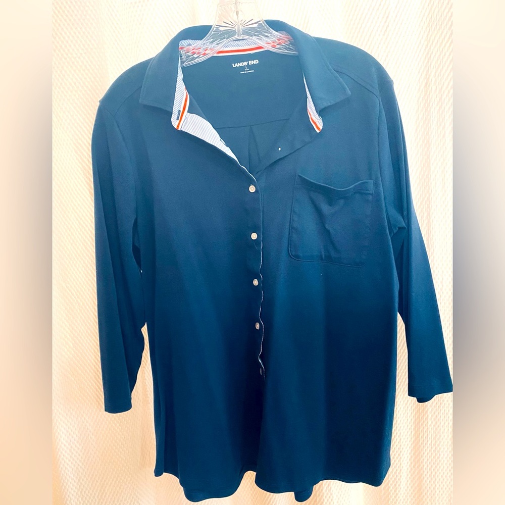 Lands’End knit button front shirt.